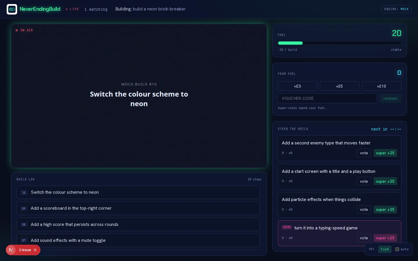 The NeverEndingBuild broadcast: live app, build log, vote panel and chat